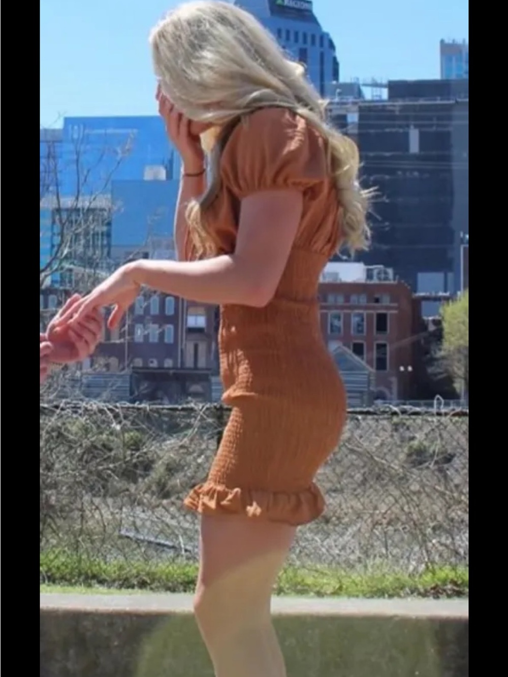 Rust Smocked Mini Dress with Ruffle Hem